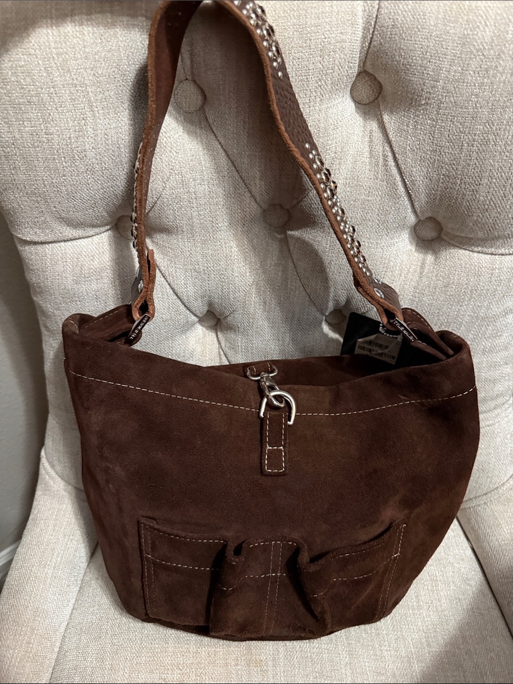 Tylie Malibu Dark Brown Suede Shoulder Bag with Leather Studded Strap - Picture 4 of 14